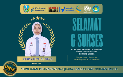 PRESTASI: SISWI SMAN PILANGKENCENG MERAIH JUARA LOMBA ESSAY NASIONAL - FORMAD UNESA